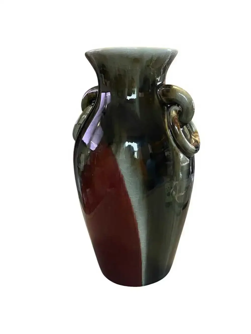 Vintage 10” Drip Glaze Art Pottery with Handles Oxford Red & Green Finish